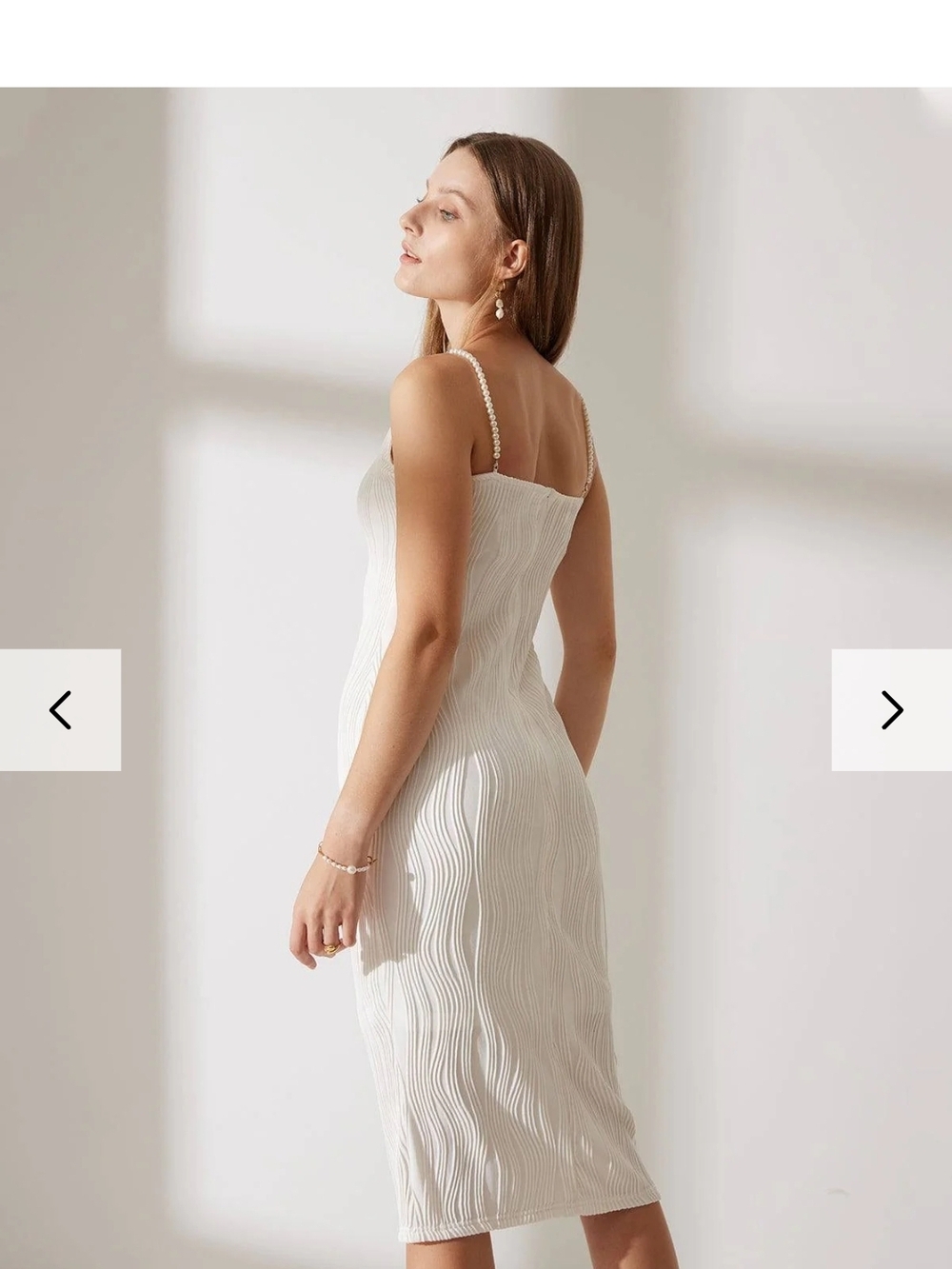 RIHOAS White Textured Midi Dress With Beaded Faux Pearl Straps